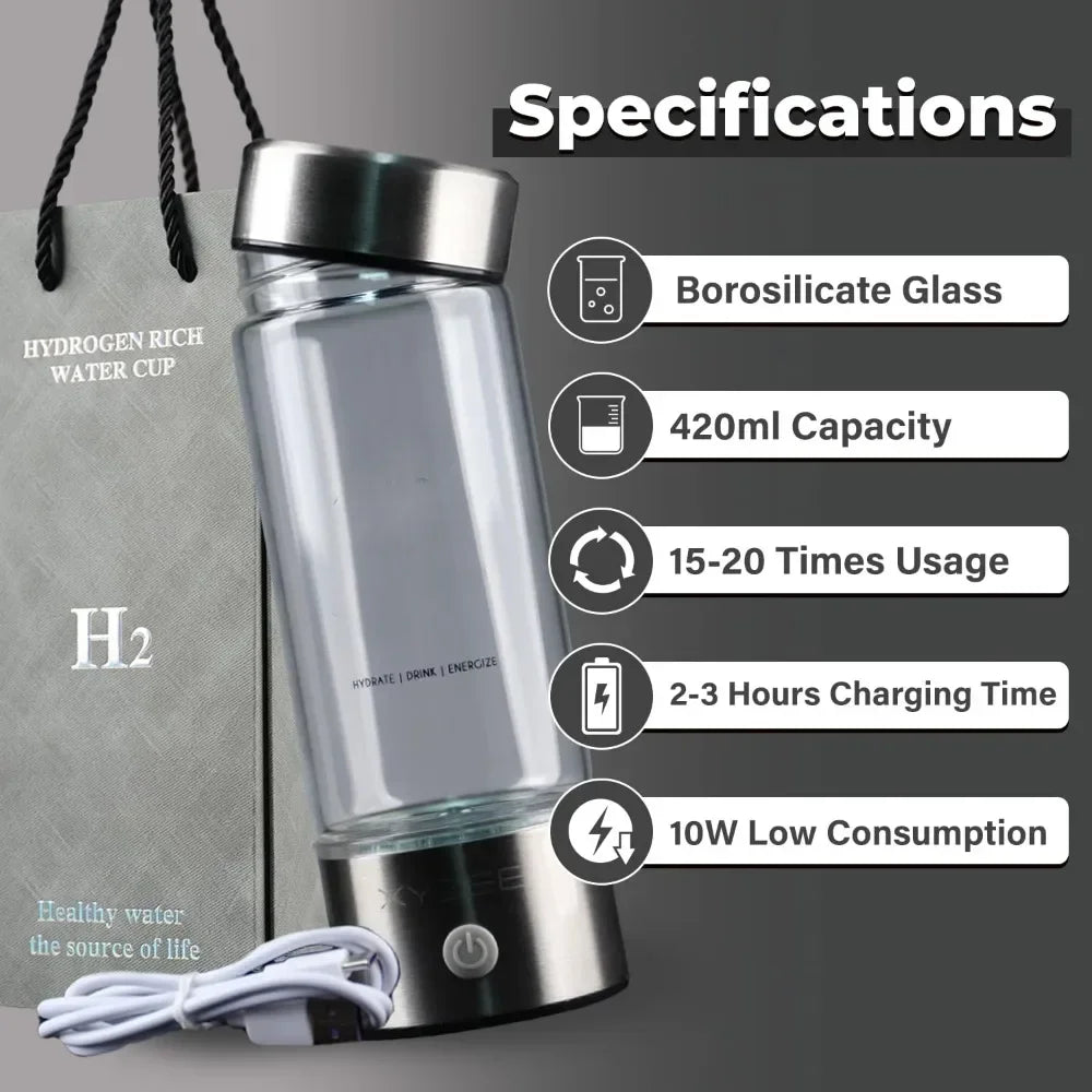 Hydrogen Water Bottle,Portable Rechargeable Hydrogen Water Bottle Generator,Purify Quality in 3Min Glass water Ionizer